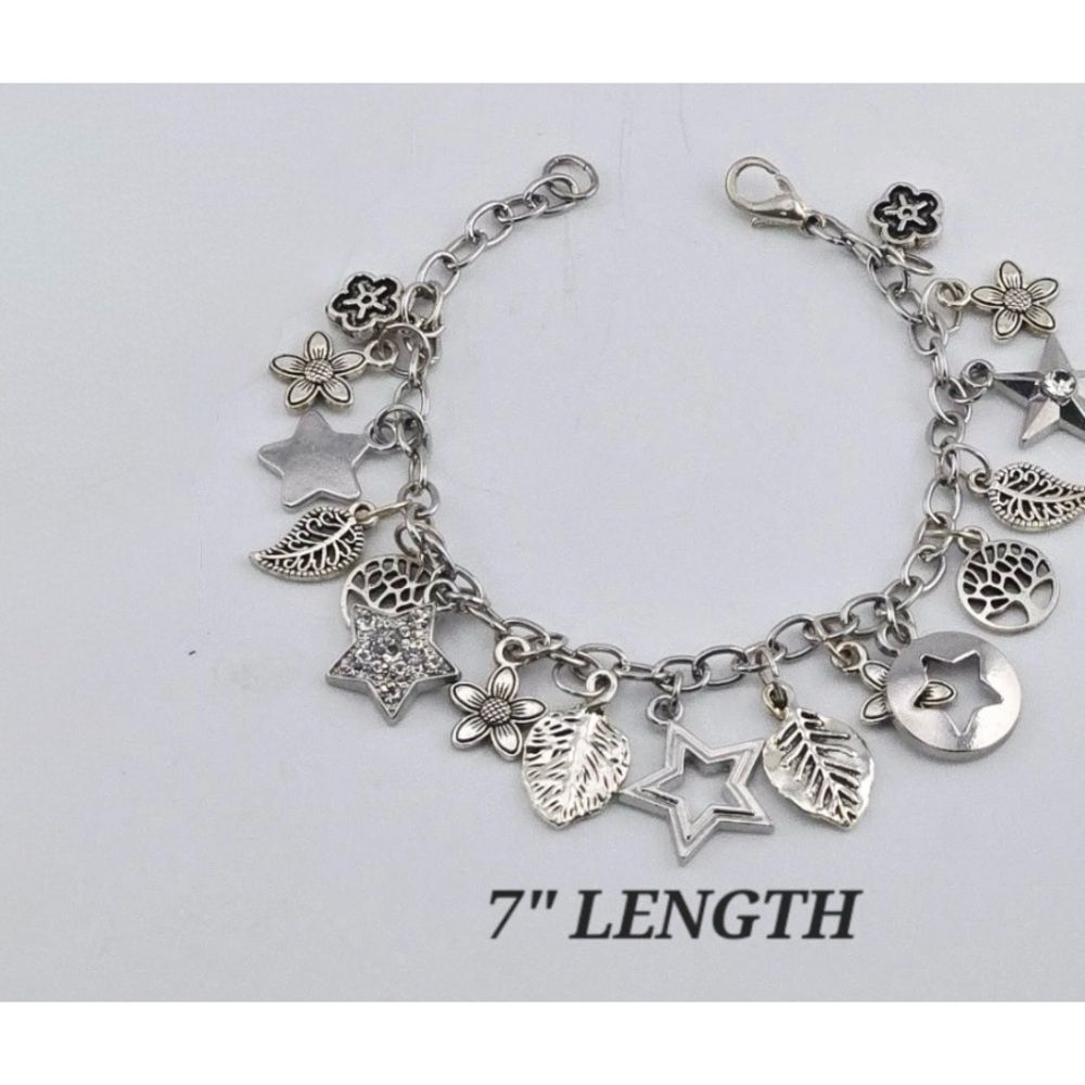 Silver Charm Bracelet with Star and Leaf Accents
